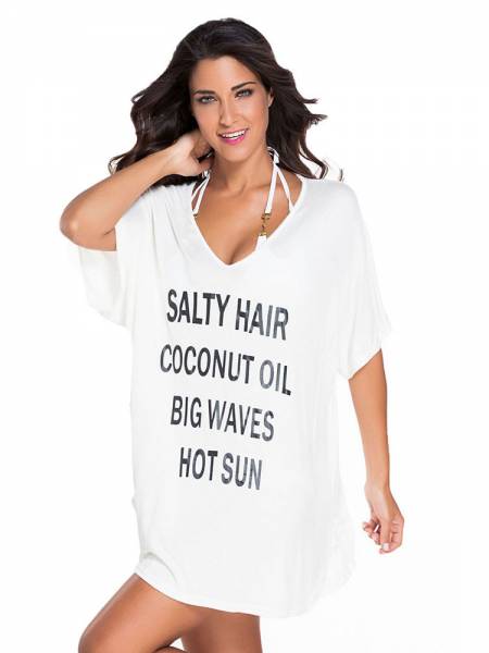 Loose Fit Short Sleeves V-neck Cheeky Letters Printed Coverups for Swimwear