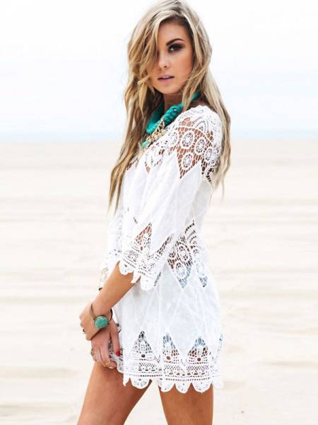 Three Quarter Sleeves Hollow Out Bohemian Mini Length Crochet Coverups