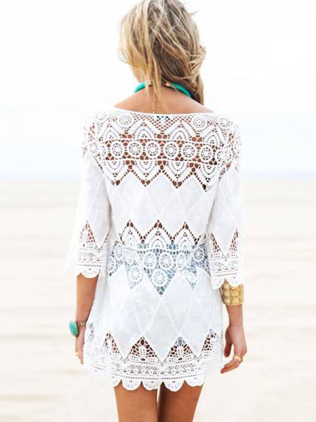 Three Quarter Sleeves Hollow Out Bohemian Mini Length Crochet Coverups