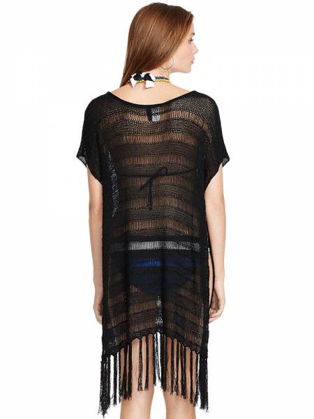 Bohemian Inspired Short Sleeve Flirty Fringed Crochet Sheer Poncho Coverups