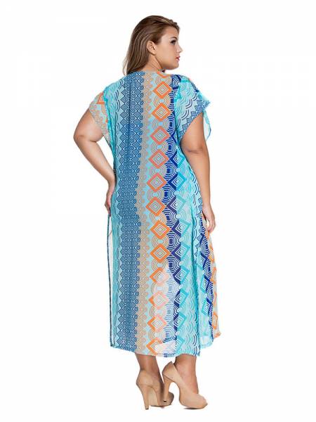 Colorful Graphic Print Oversize Maxi Miami Splits Kaftan Poncho for Beach