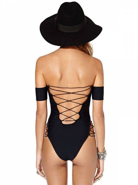 Off Shoulder High Cut Legs Sleeved One Piece Swimwear with Lacing-up Details