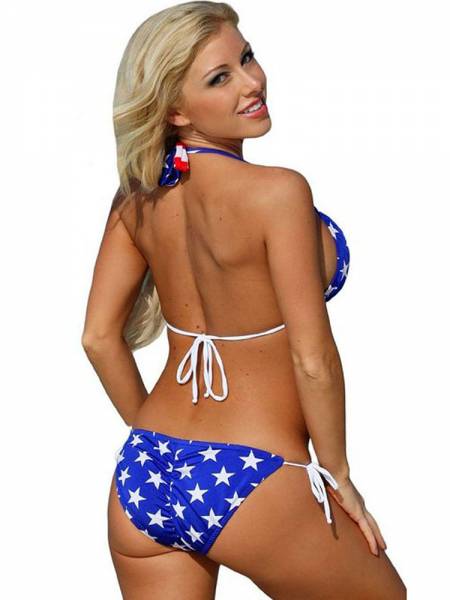 Patriotic Flag Print Triangle Bikini with Halter Padded Top & Scrunch Bottom