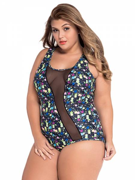 Plus-size Floral Printing Sheer Mesh Insert Padded One Piece Women Swimsuit