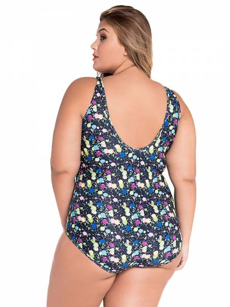 Plus-size Floral Printing Sheer Mesh Insert Padded One Piece Women Swimsuit