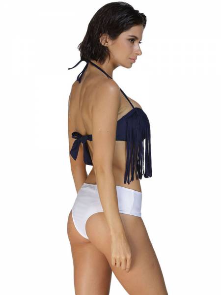 Mix and Match Bikini with Bandeau Navy Tassel Halter Top & Solid White Bottom