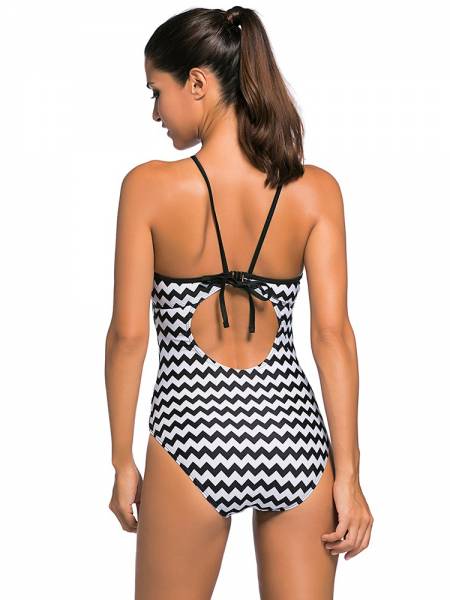 Monochrome Waved Printing Halter Highneck Padded Cutout Back 1PCS Swimsuit