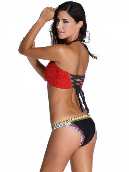 Multi Colors Unlined Crochet Bikini with Red Black Halter Top & Neon Bottom