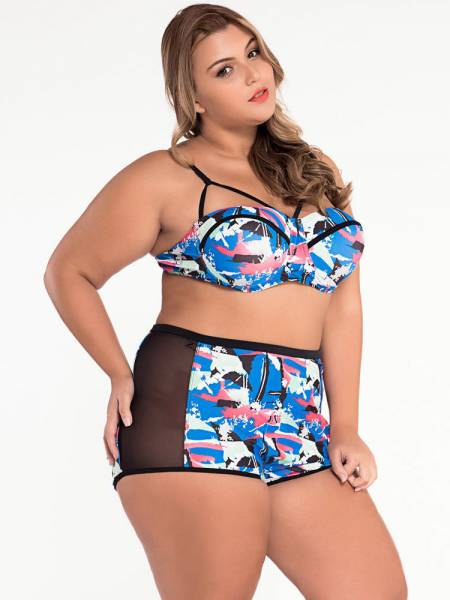 Abstract Print Padded & Underwired Mesh Insert High Waist Plus Size Bikini