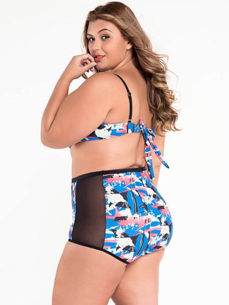 Abstract Print Padded & Underwired Mesh Insert High Waist Plus Size Bikini