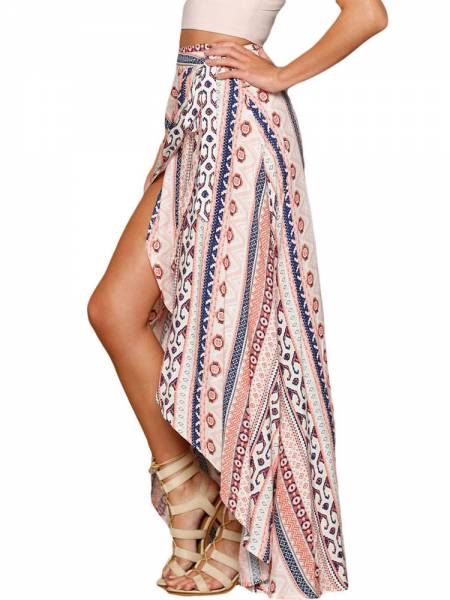 Ethnic Printed Wrap Style Asymmetric Lacing-up Maxi Beach Skirt Sarong