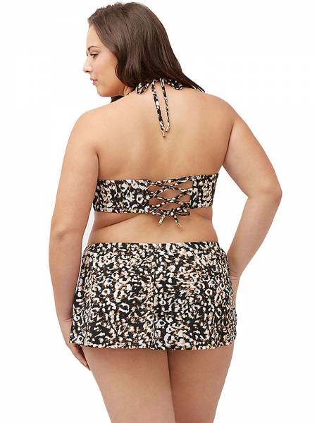 Leopard Printing Halter Bandeau Underwired & Padded Bikini Top with Skirt