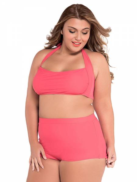 Plus Size Retro Halter Padded Bandeau Top & High-waisted Boyshort Bottom