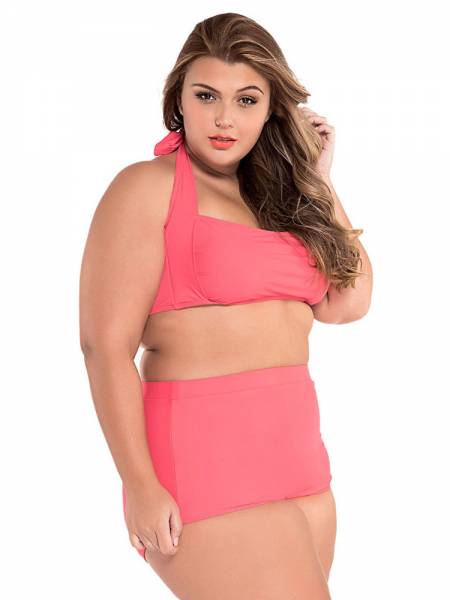 Plus Size Retro Halter Padded Bandeau Top & High-waisted Boyshort Bottom