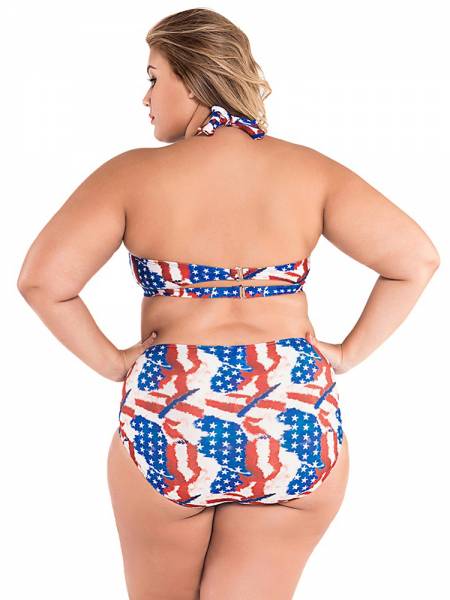 Retro American Starlet Print Halter Padded Bikini Top & Twist Front Bottom