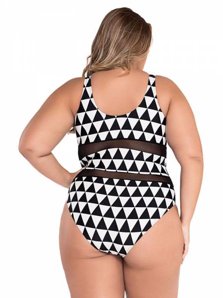 Scoopneck Trigon Printing Sexy Mesh Insert Panel One Piece Bathing Suit