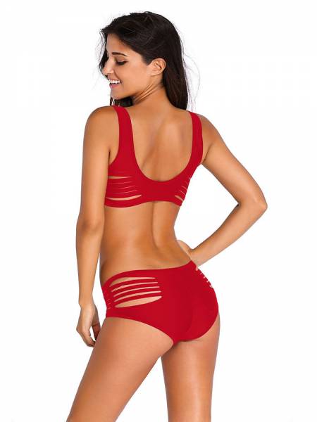 Striking Hand Slashed Strappy Cut Out Pullover Simple Bikinis for Women