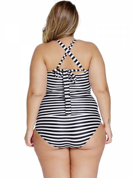 Stripe Printing Adjustable Straps Padded Tankini with Bow & Keyhole Accent