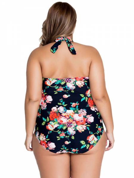 Sweetheart Neckline Keyhole & Ruched Front Halter Plus Size One Piece Swimsuit