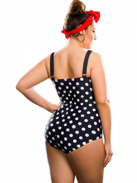 Vintage Inspired Polka Dots Print Ruched Front Padded One Piece Swimwear