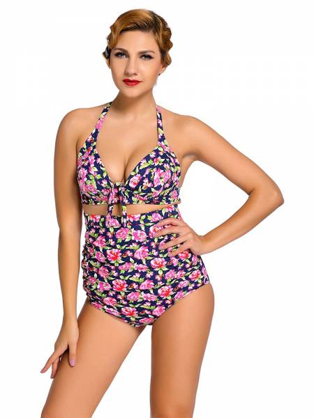 Vintage Printing Halter Style Padded & High Waisted Bikini Set with Ruched