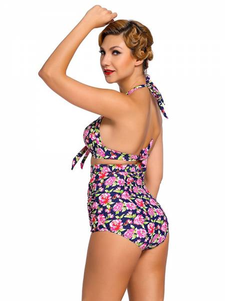 Vintage Printing Halter Style Padded & High Waisted Bikini Set with Ruched