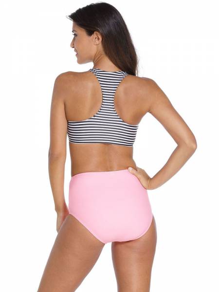 Women Bikini Set with Highneck Racerback Black White Top & High Waist Pink Bottom