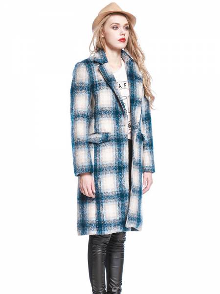 Vintage Plaid Single Button Knee-length Long Sleeves Wool Coat for Women