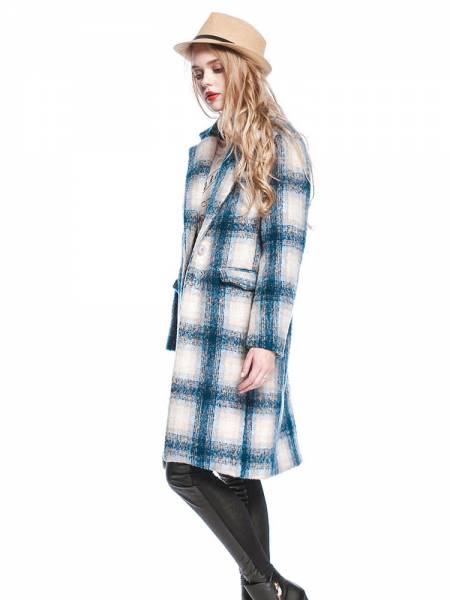 Vintage Plaid Single Button Knee-length Long Sleeves Wool Coat for Women