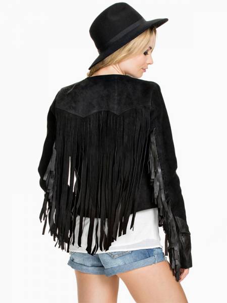 Chic PU Splicing Long Sleeves Short Women Faux Leather Jacket with Fringe