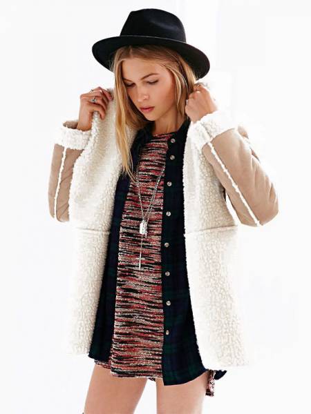 Long Sleeves Open Front Large Lapel Woolen Lining Suede Jacket for Women