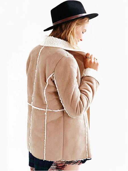 Long Sleeves Open Front Large Lapel Woolen Lining Suede Jacket for Women