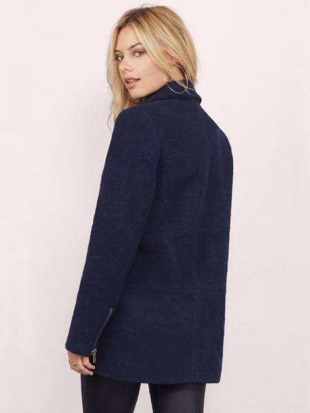 Open Front Long Sleeves Turn-down Collar Wool Coat with Zipper Details