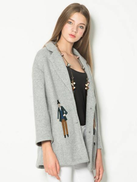 Two Buttons Single Breasted Closure Cartoon Embroidery Wool Coat Women