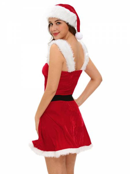 Three Pieces Sleeveless Christmas Fluffy Velvet Mini Costume Dress Sale