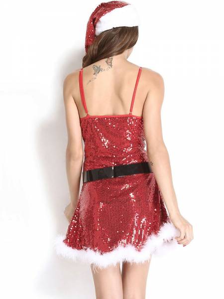 Three Pieces Women Sexy & Sparkly Sequined Santa Dress with Marabou Trims