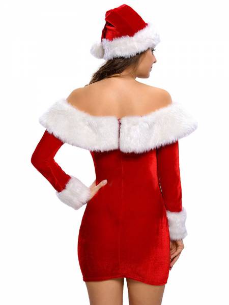 Two Pieces Long Sleeves Off-the-shoulder Santa Costume Dress and Hat Set