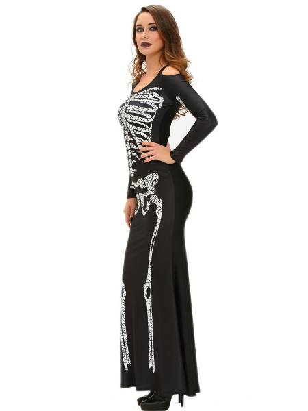 Cold Shoulder Long Sleeves Halloween Adult Women Skeleton Costume Gown