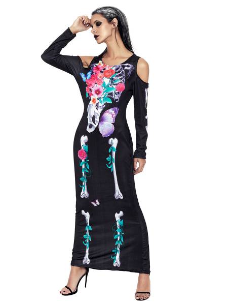 Cold Shoulder Long Sleeves Halloween Maxi Skeleton Costume Bones Dress