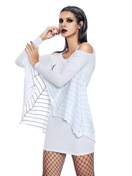 Plus Size Cold Shoulder Webbed Arms Knit Sweatshirt Costumes with Spider and Spiderweb Printing