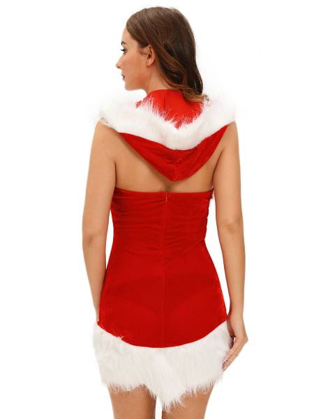 Sleeveless Fluffy Hooded Novelty Christmas Costume Dress for Women