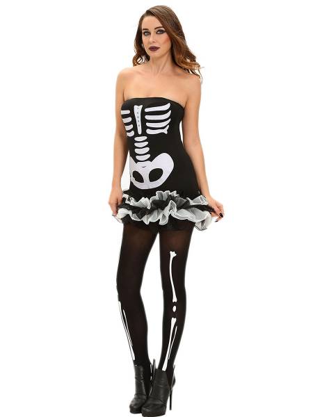 Strapless Skeleton Printed Lace Hem Halloween Costumes Tutu Mini Dress