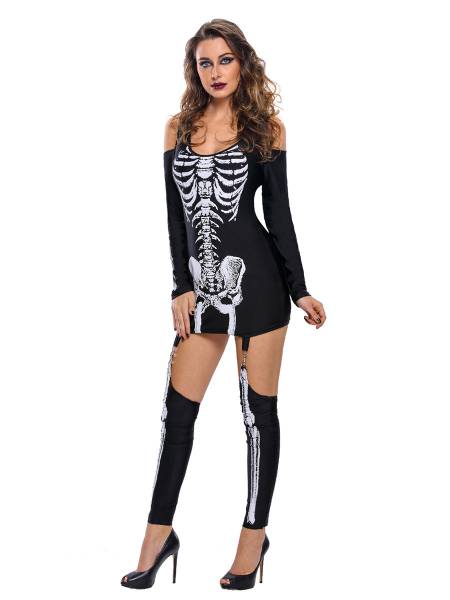 X-rayed Boney Cold Shoulder Long Sleeves Skeleton Halloween Dress Womens