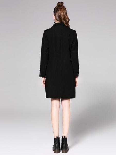 Long Sleeves Single Button Long Black Wool Coat for Women with Pockets