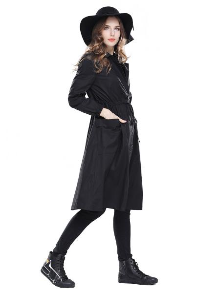 Single Breasted Long Sleeves Women Trench Coats with Drawstring & Pockets