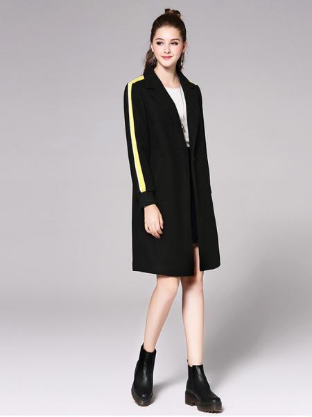 Single Button Striped Long Sleeve Rib-knit Cuffs Womens Long Wool Coat