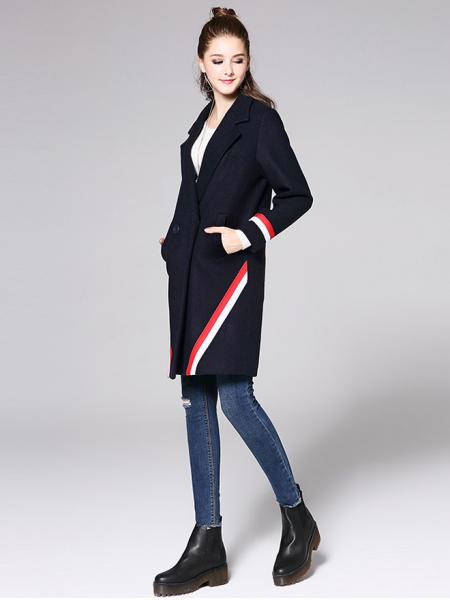 Two Buttons Double Breasted Long Sleeve Womens Striped Long Wool Coats