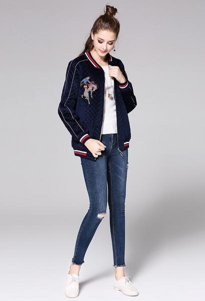 Zipper Closure Long Sleeves Thick Applique & Pleated Women Bomber Jacket