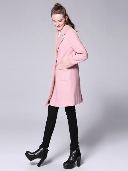 Lamb Wool Splicing Long Sleeves Thick Women Double Breasted Pea Coat