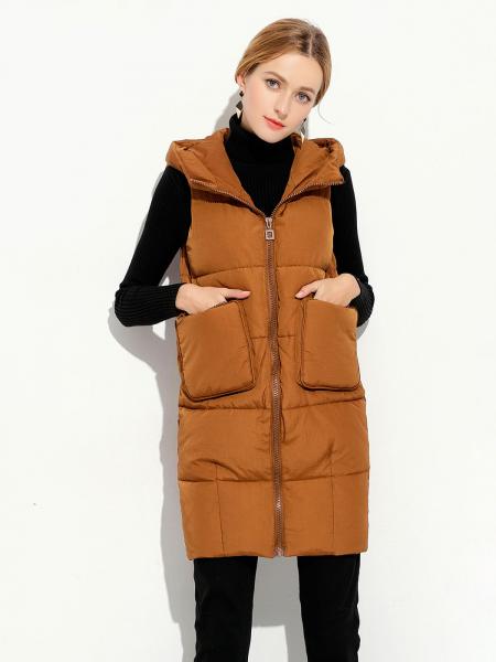 Loose Fit Hooded Zipper Thick Warm Puffer Long Waistcoat for Women